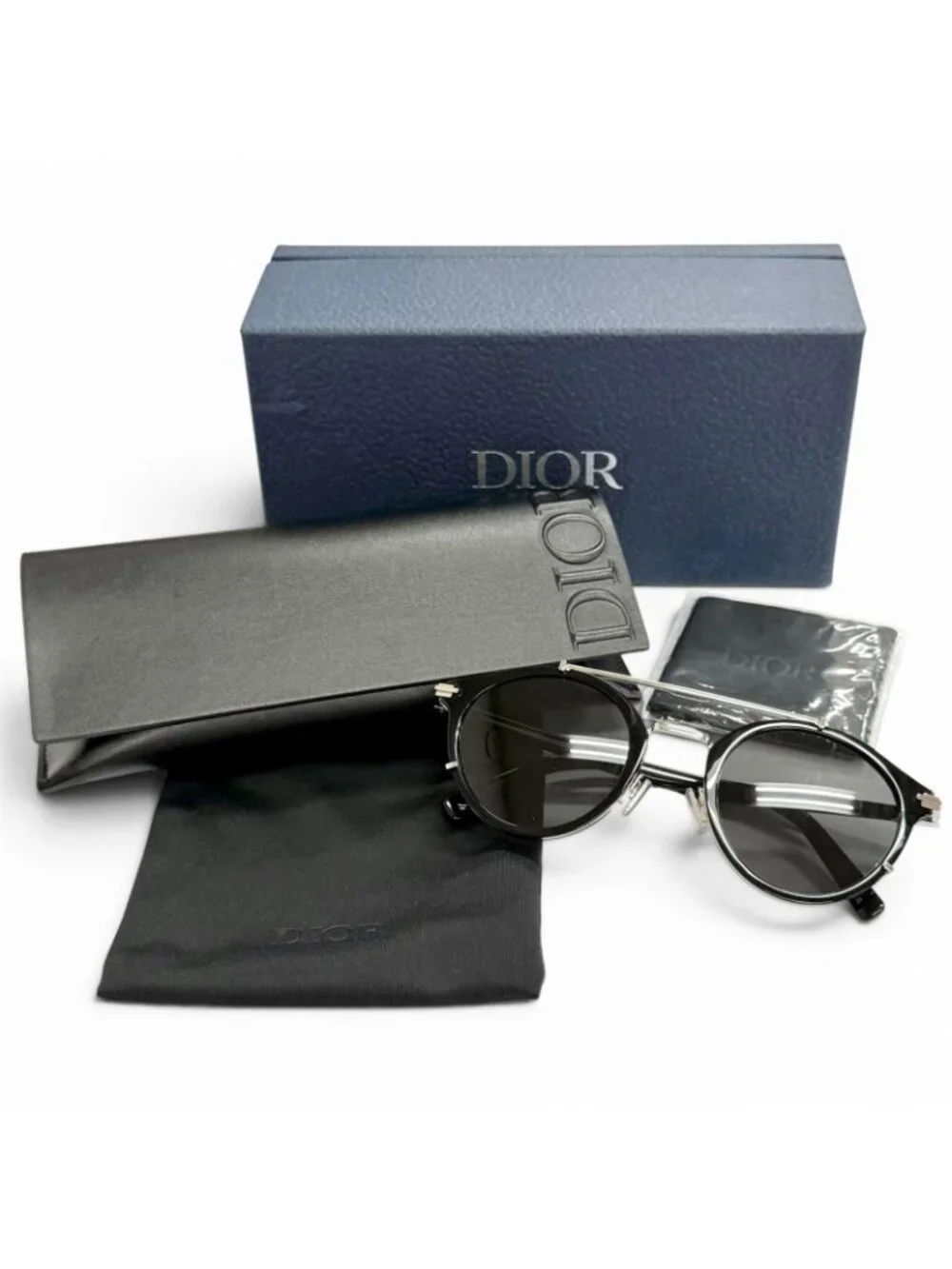 Dior Homme Blacksuit R7u Pantos Two Bridge Round Sunglasses Black Silver Eyewear